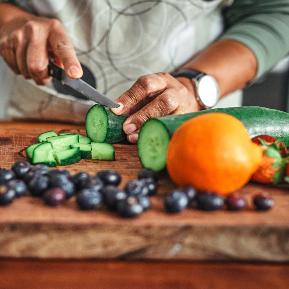 produce is pictured on a cutting board